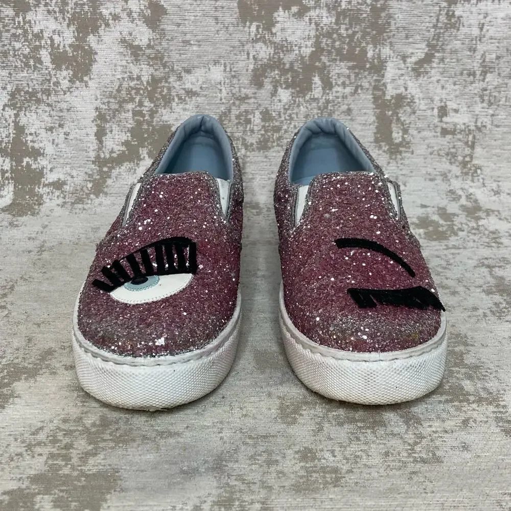 Chiara Ferragni Flirting Glitter Italian Leather Slip On Sneakers in Pink